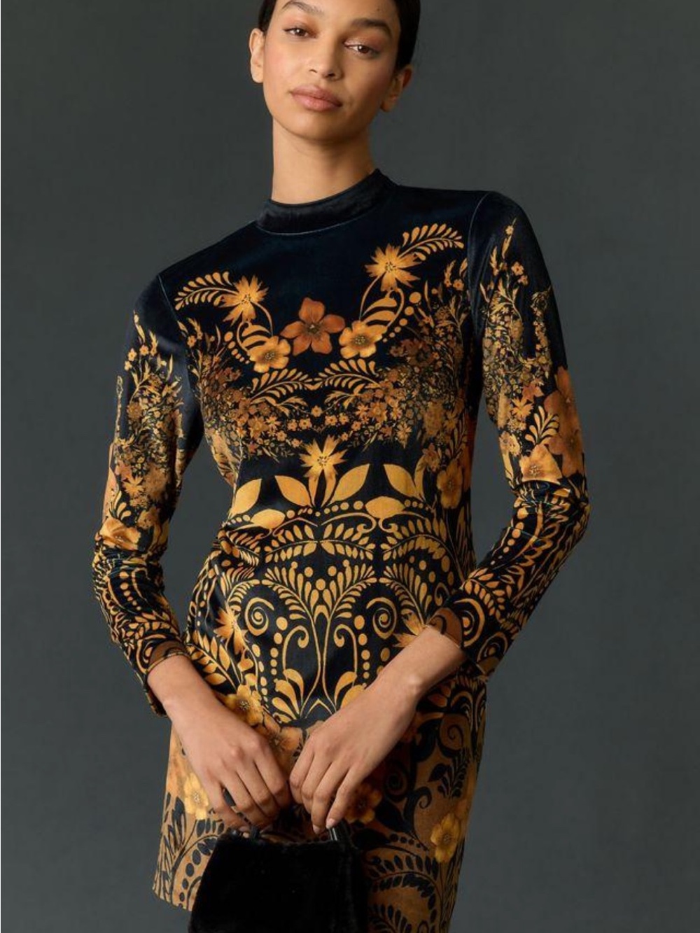 Black & Gold Velvet Floral Long-Sleeve mini Dress Anthropologie